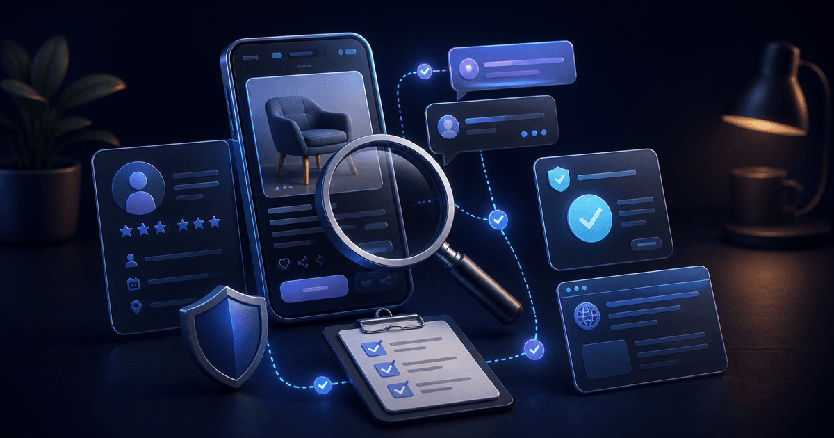 Nine-check safety review for a Facebook Marketplace listing before payment