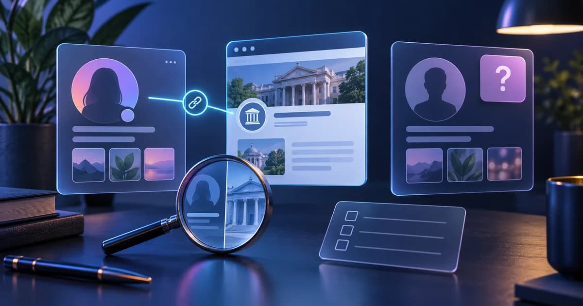 Profile cards beside an independent public source, a magnifier and a review checklist