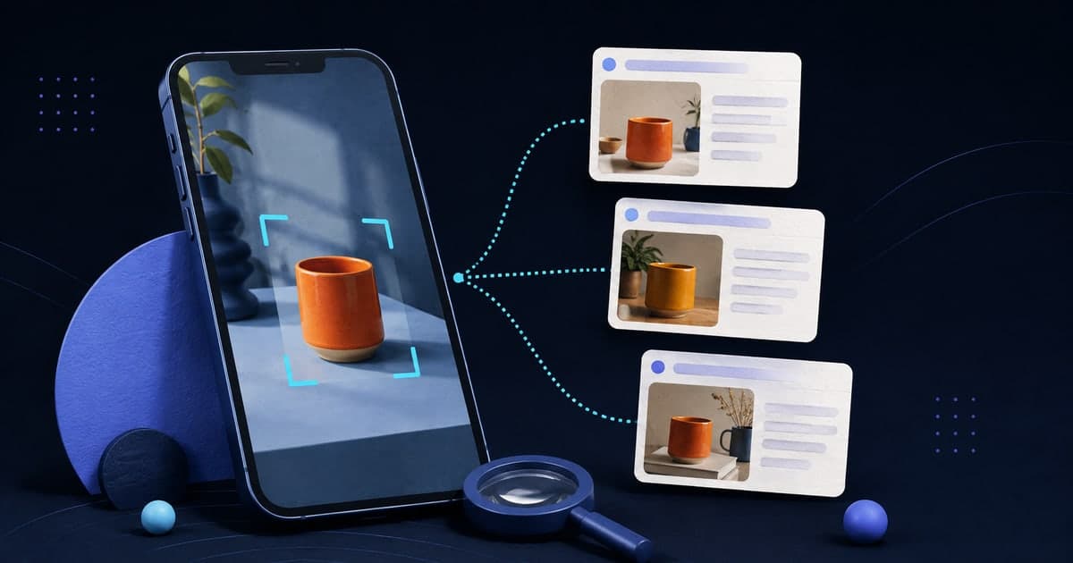 Reverse image search on iPhone illustrated as a photo linked to public source pages
