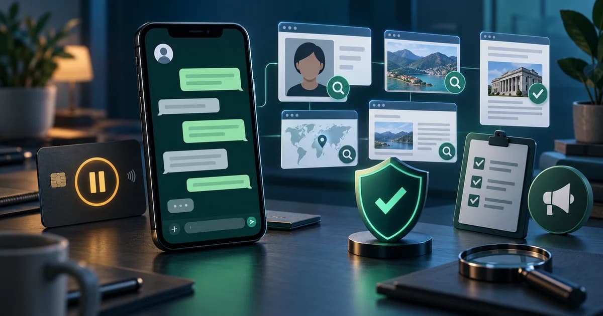 Phone chat and paused payment beside public source checks for a WhatsApp romance scam